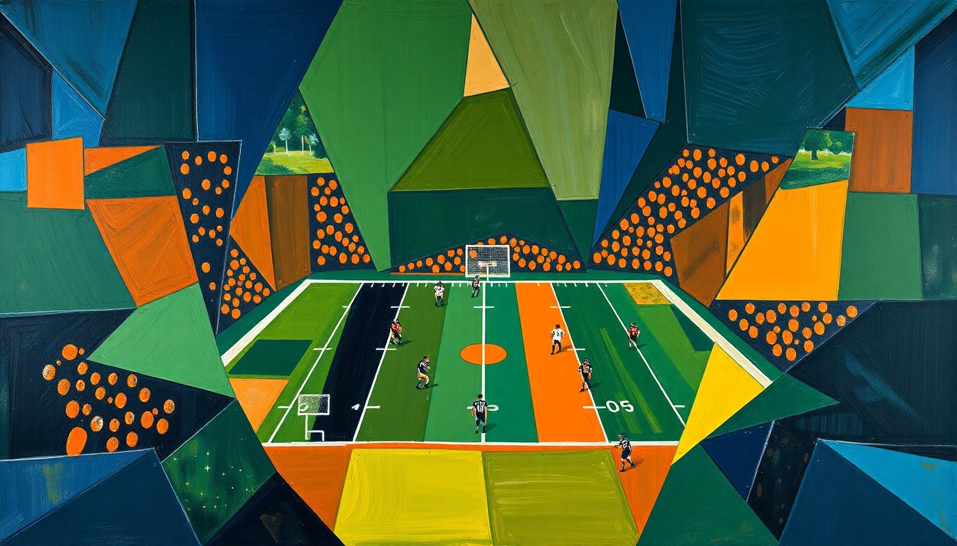 A fragmented, cubist-style painting depicting an American football game, with sharp geometric shapes in shades of blue, green, and orange overlapping to create a dynamic, abstract visual representation of the sport.