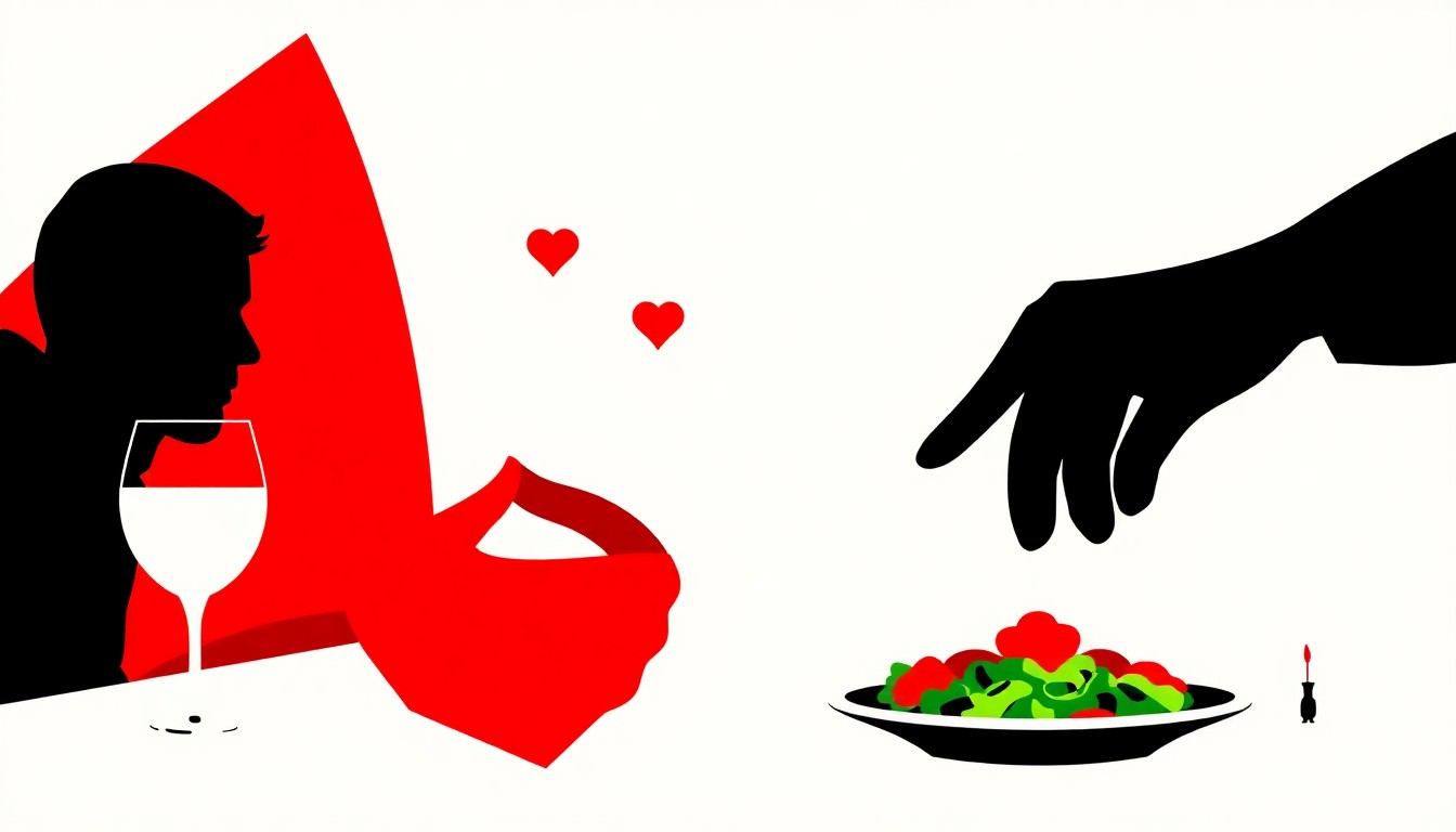 An abstract, minimalist illustration using bold, geometric shapes in red, white, and black to represent the themes of romance, heartbreak, and the comfort of food.