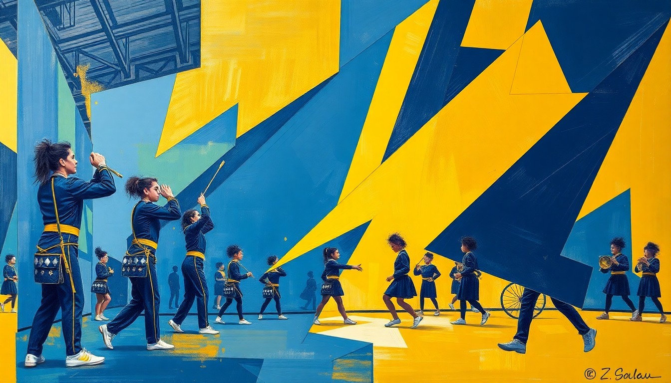 A cubist, geometric painting in navy blue and gold hues, depicting the dynamic movements and energy of a high school color guard performance.