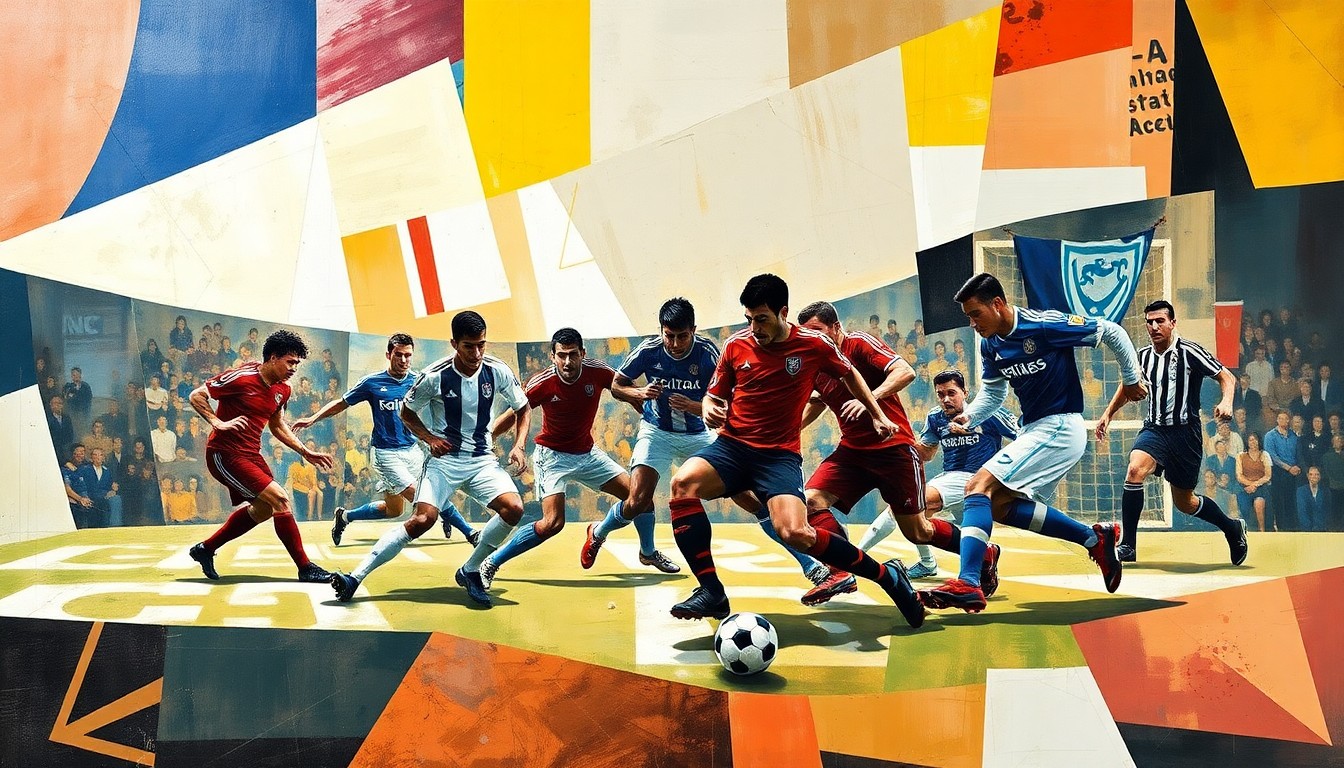 An abstract, cubist-style painting depicting fragmented, geometric shapes and planes of color representing football players in motion, capturing the dynamic energy and anticipation around the Dallas Cowboys' defensive backfield.