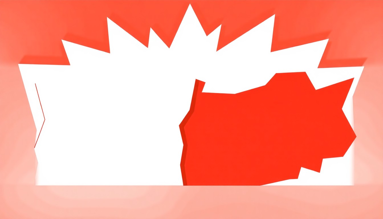 An abstract, minimalist illustration composed of stark, jagged geometric shapes in red and white, conceptually representing the tension between movie theaters and the evolving entertainment landscape.