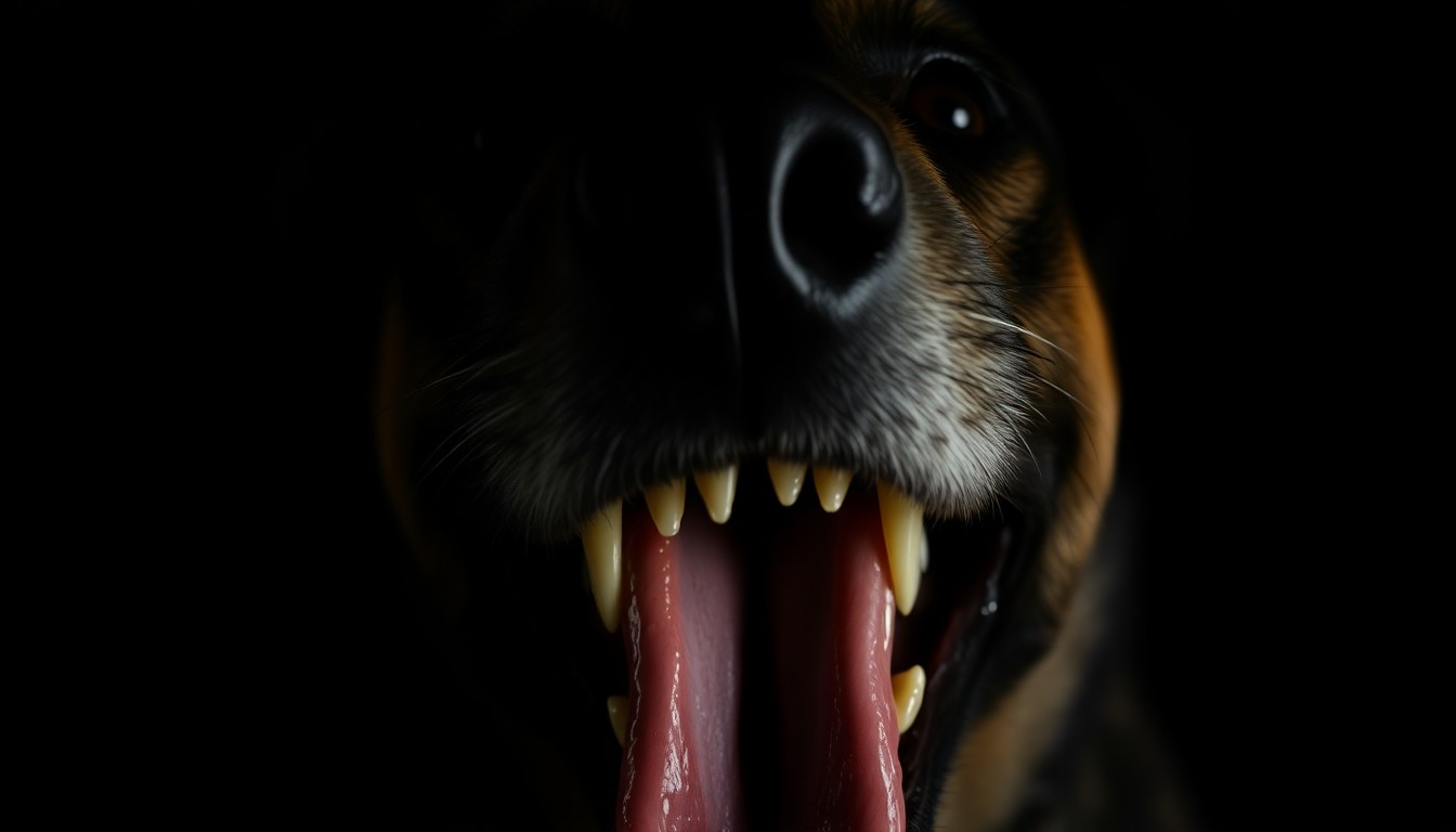 An extreme close-up photograph of a dog's sharp teeth and saliva-covered jaws against a pitch-black background, conceptually illustrating the violence of a recent dog attack incident.