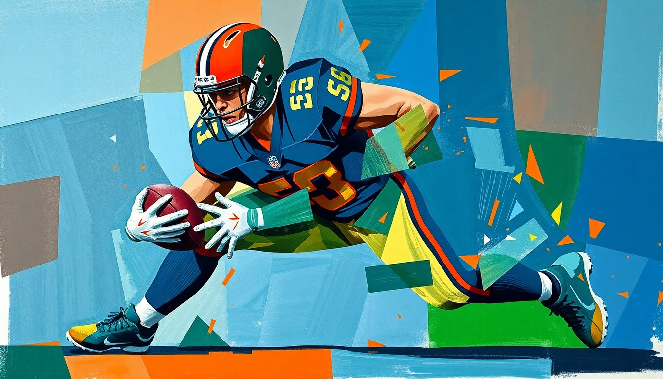 A cubist-style painting depicting a linebacker making a tackle, with the player's body broken down into sharp, overlapping geometric shapes in a vibrant color palette, conceptually representing the unique skills and instincts that make Kyle Louis an intriguing draft target for the Dolphins.