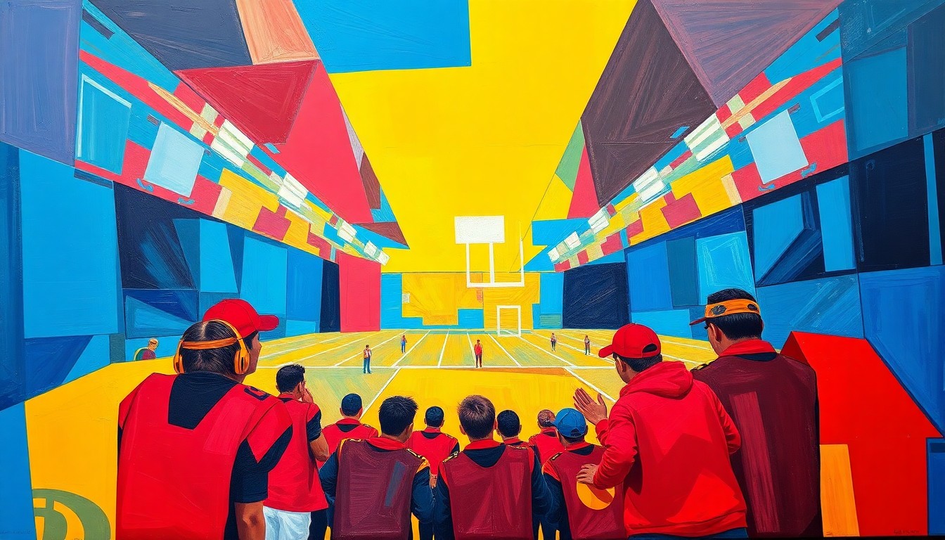 A cubist-style painting featuring sharp, overlapping geometric shapes in bright red, blue, and yellow, capturing the dynamic movement and energy of a youth football combine event.