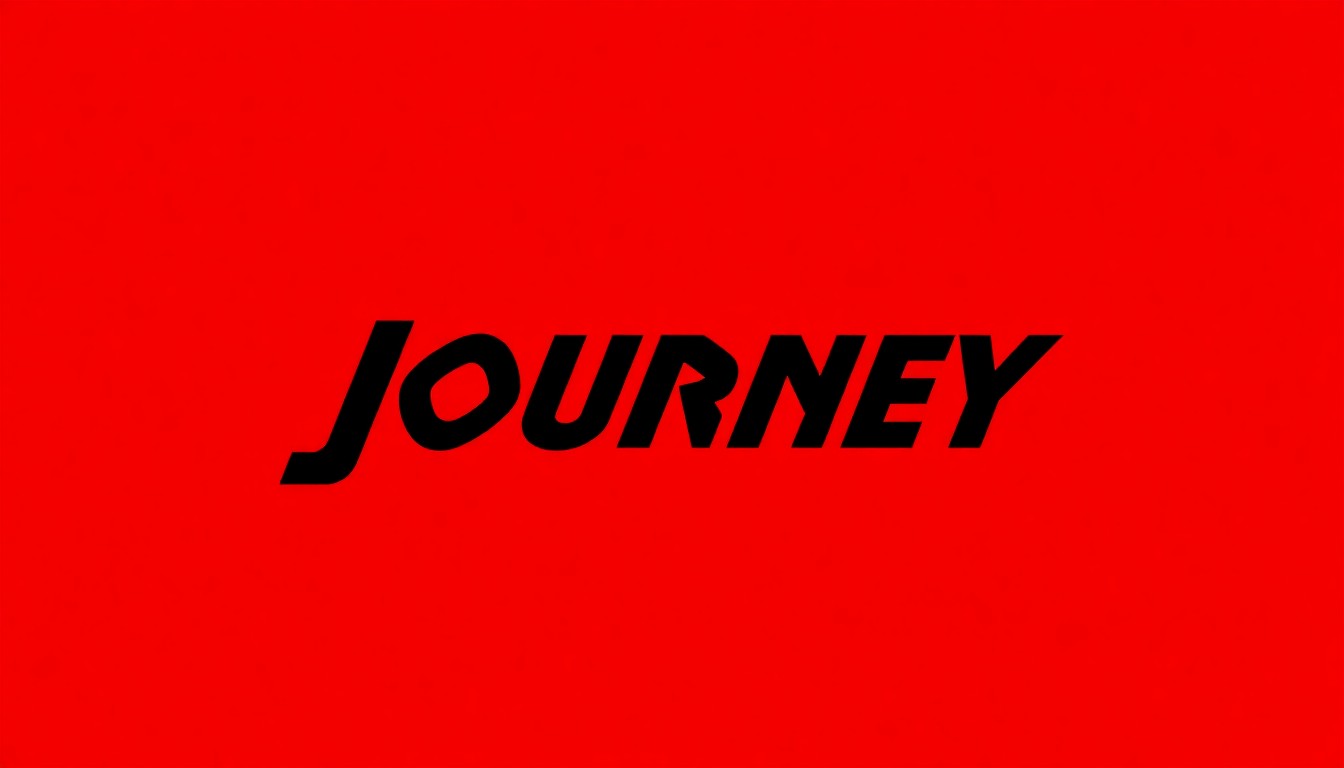 A dramatic black silhouette of the Journey logo, rendered in a bold, minimalist Saul Bass-inspired style against a vibrant red background, conceptually representing the band's enduring rock legacy.