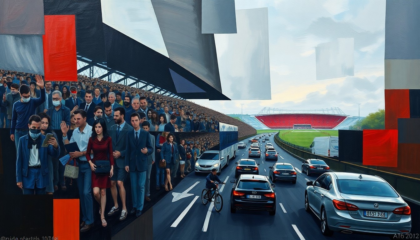 A cubist, geometric painting depicting a crowded bus and cars on a highway leading to a soccer stadium, with sharp, overlapping planes of dark grays, blues, and reds, conveying the complexity and congestion of transportation to the event.