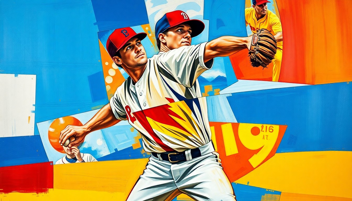 A fragmented, geometric painting depicting a baseball pitcher's windup and delivery, with sharp planes of vivid colors like blue, red, and yellow overlapping to create a dynamic, abstract representation of the sport.