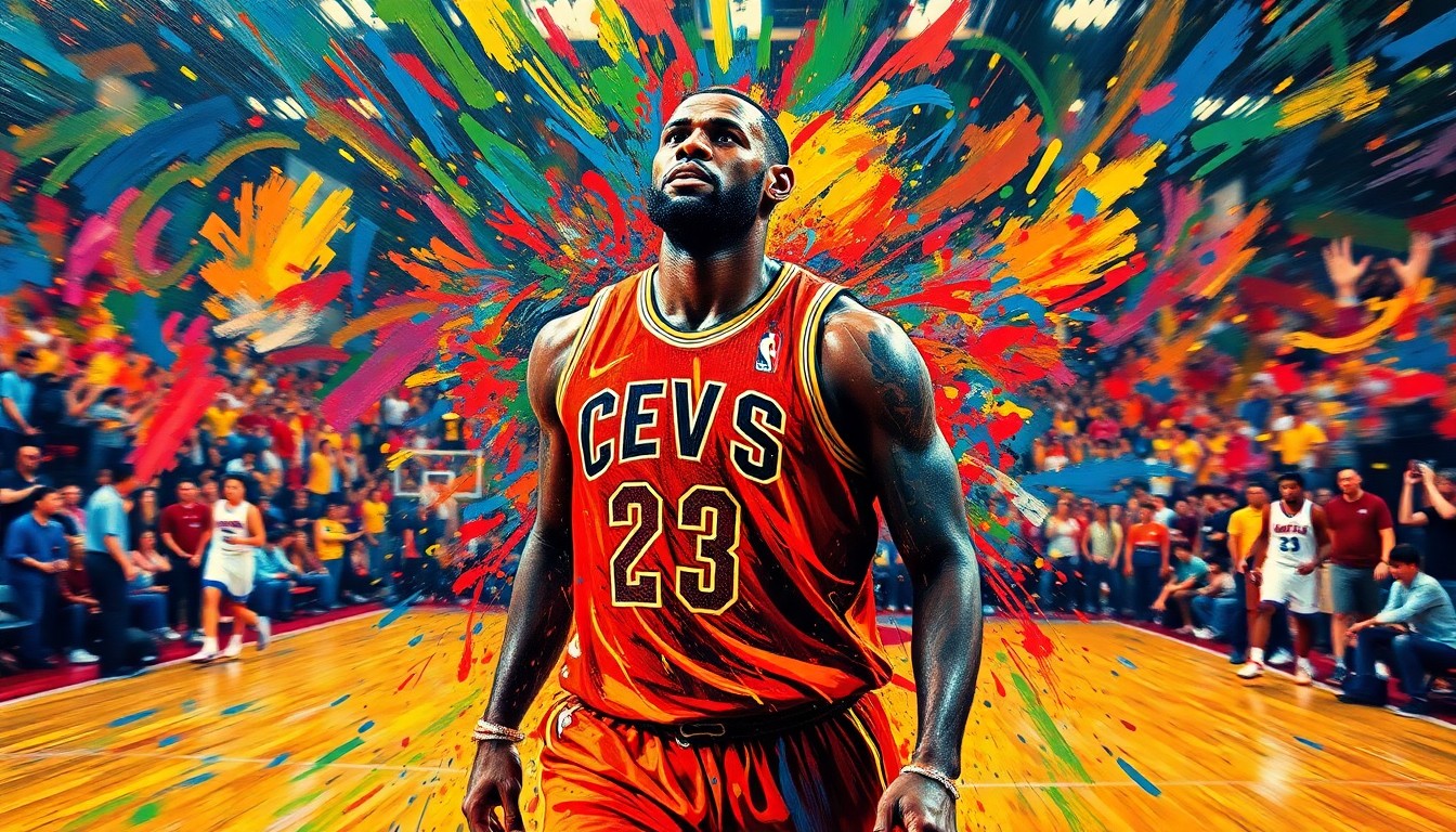 An abstract, expressionist painting featuring rapid, neon-colored brushstrokes that capture the raw energy and movement of LeBron James on the basketball court, his face and jersey dissolving into unrecognizable splatters of paint.