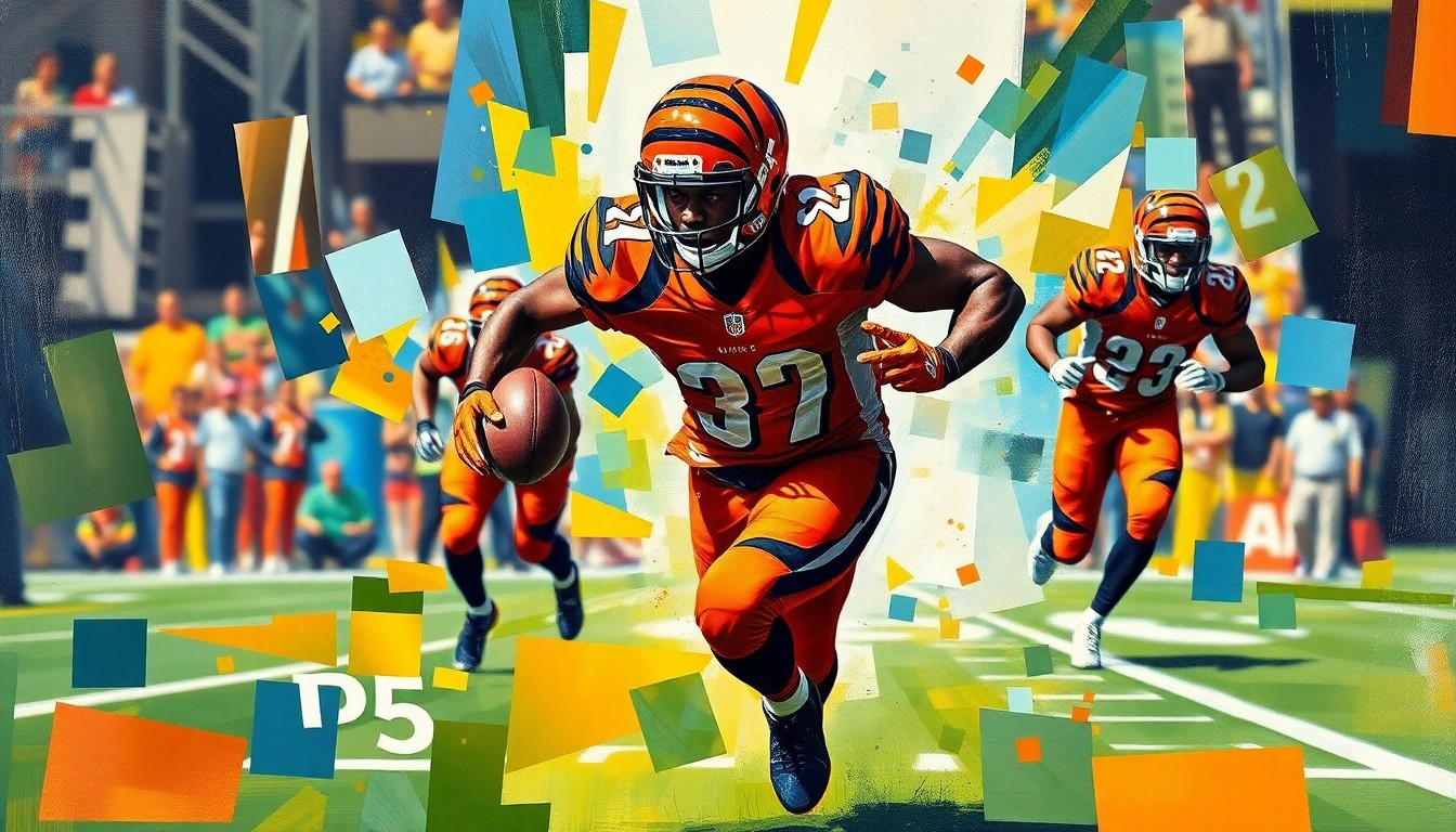 A fractured, cubist-style painting depicting a running back in motion, with sharp geometric planes in the Bengals' colors of orange and black, conceptually representing the difficult decision facing the team.