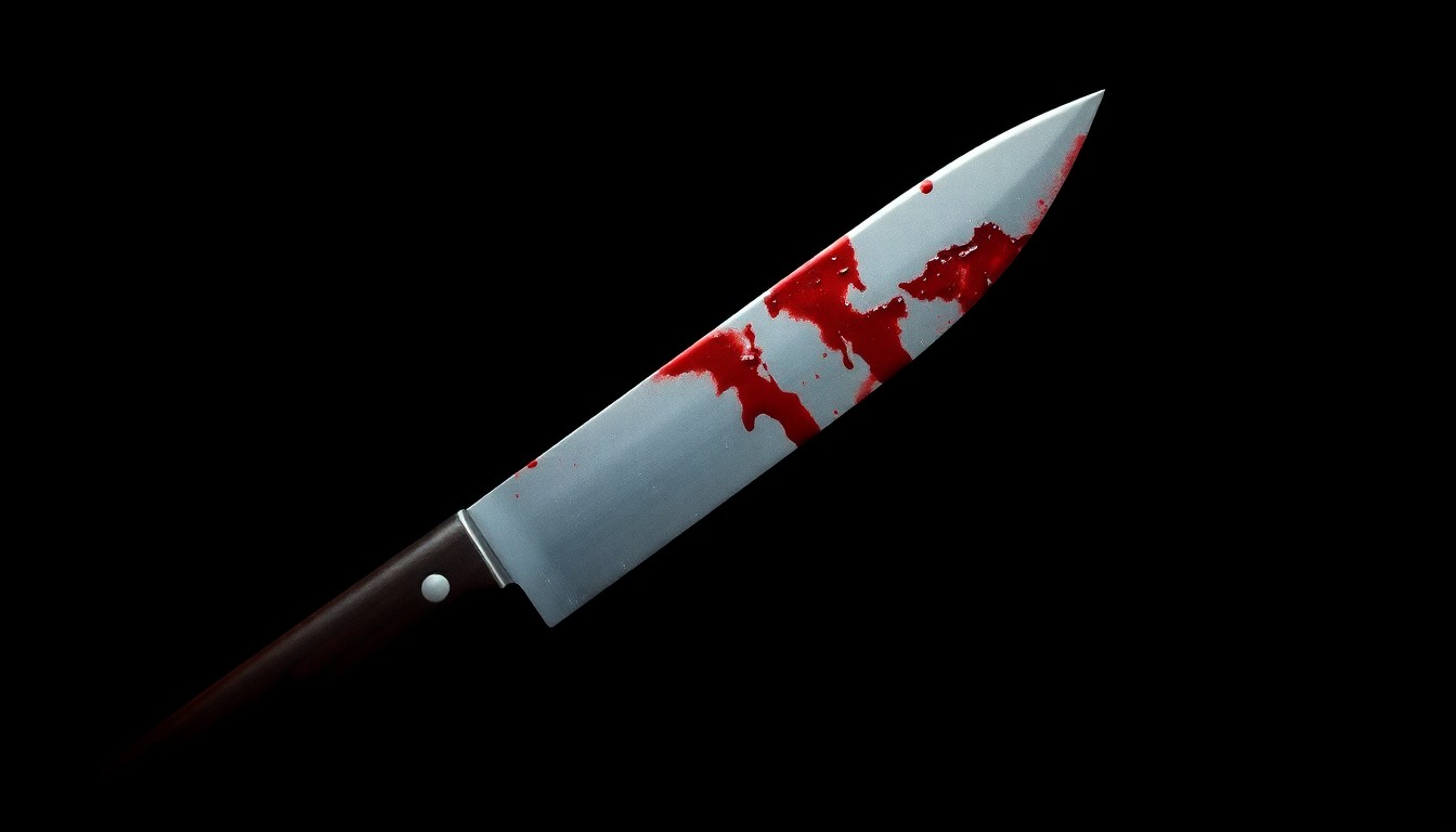 An extreme close-up photograph of a single bloody knife blade against a pitch-black background, lit by a harsh camera flash, conceptually representing the violent crime that occurred at this Walmart location.