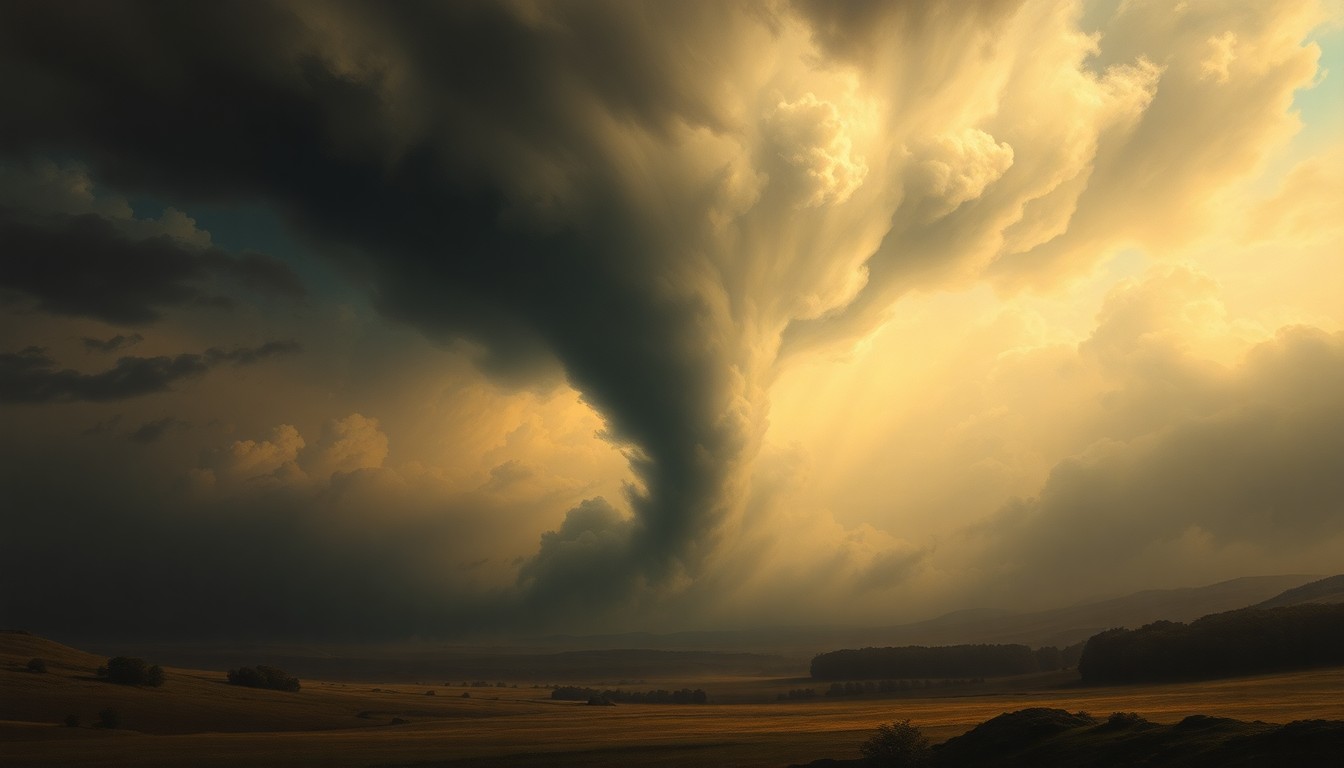 A sweeping, atmospheric landscape painting depicting a massive tornado funnel cloud dominating the frame, with the twisting vortex dwarfing any visible structures or objects below.