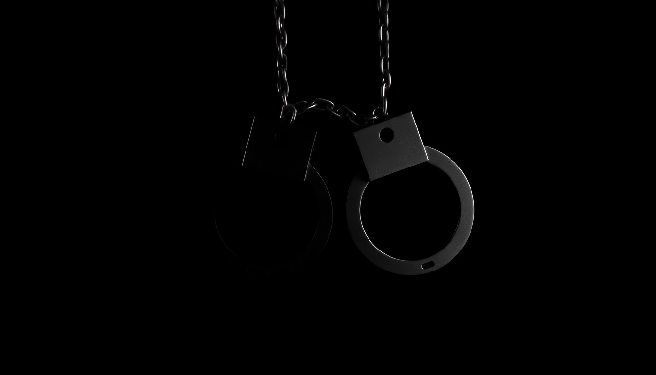 An extreme close-up of a pair of handcuffs reflecting a bright flash of light, conceptually representing the complexities of a dismissed sex crime case.