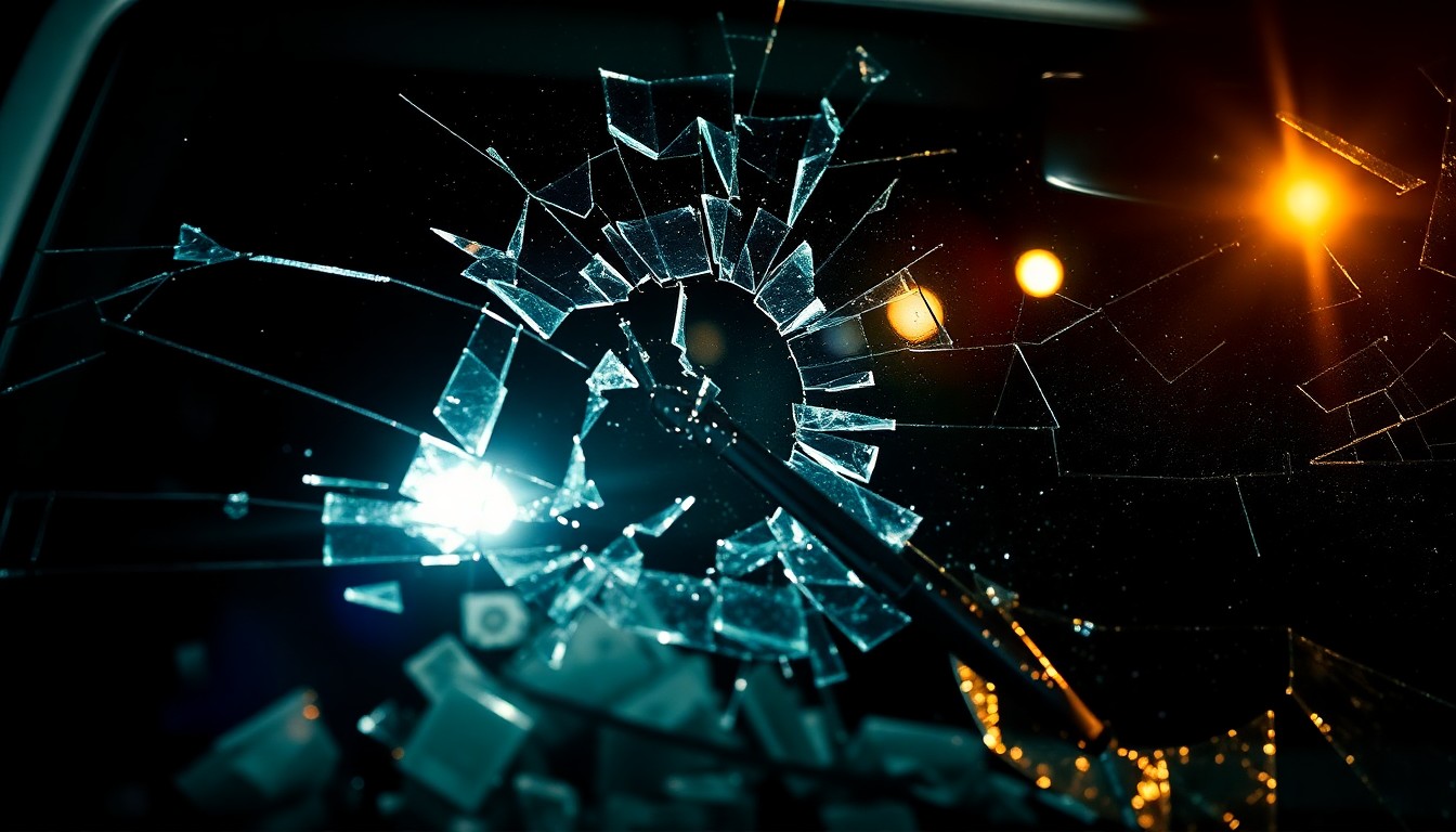 An extreme close-up photograph of a shattered car windshield reflecting the harsh glare of a camera flash, conceptually illustrating the aftermath of a serious traffic accident.
