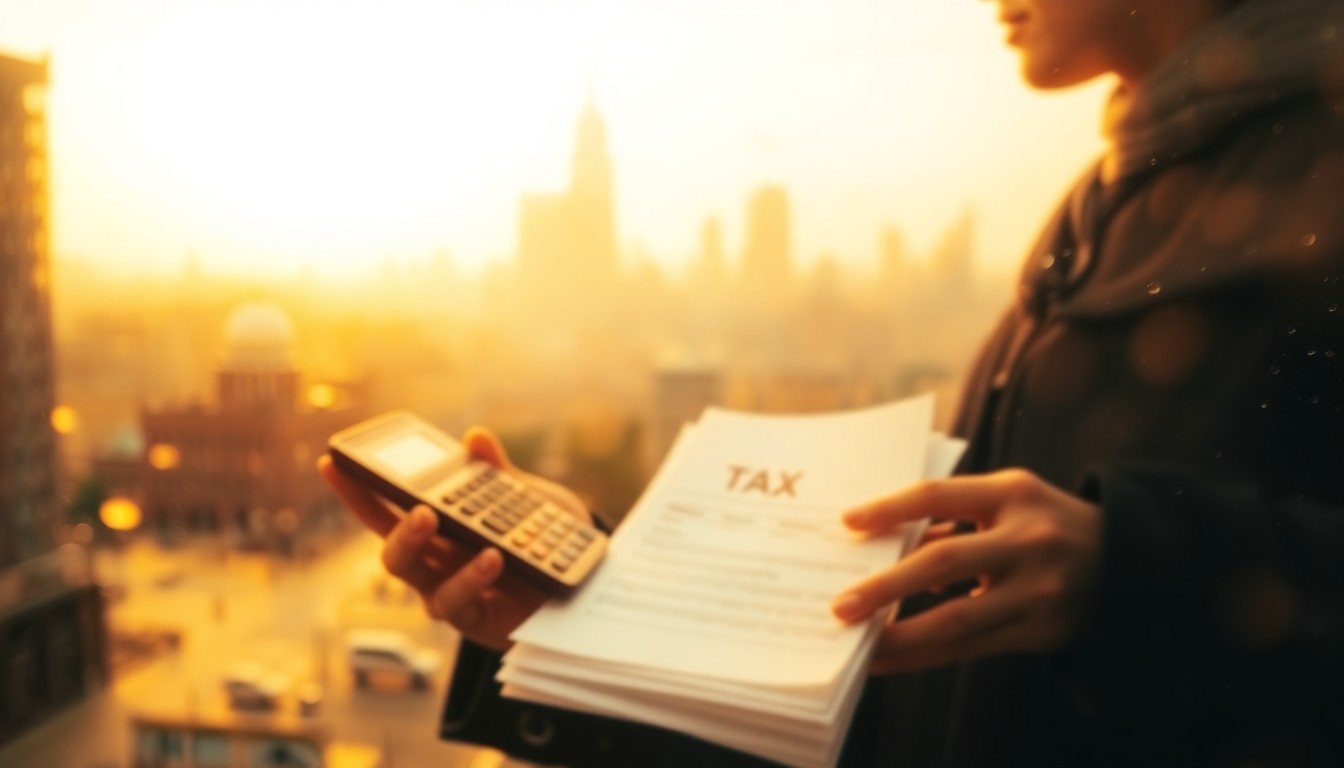 An abstract, out-of-focus image depicting a person's hands holding tax forms and a calculator, with a blurred city skyline visible in the background, conveying the mood and concept of tax season in a warm, soft, and atmospheric style.