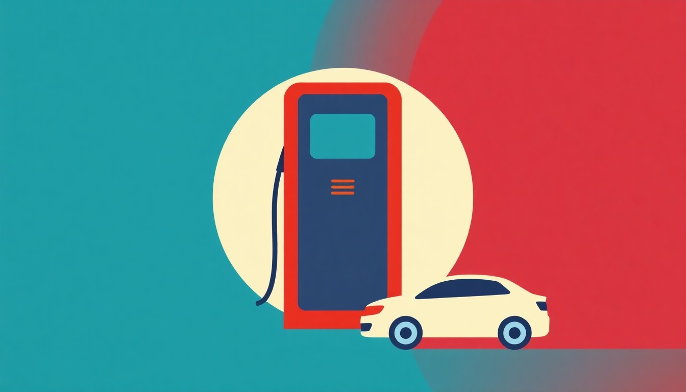 A geometric abstract illustration using bold primary colors and simple shapes to conceptually represent the economic tensions around rising gas prices and electric vehicle adoption.