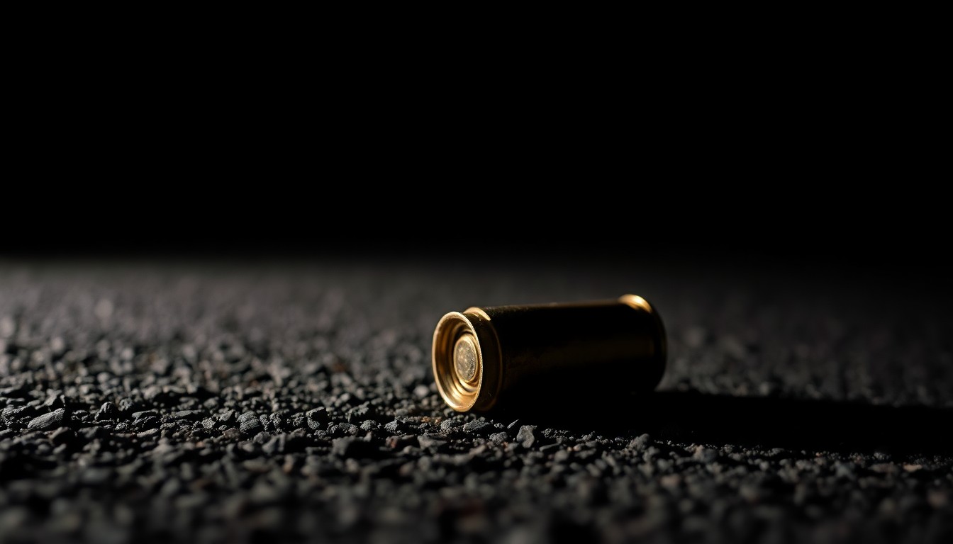 An extreme close-up photograph of a spent shell casing on asphalt, capturing the texture and material details in dramatic lighting to conceptually illustrate the investigation into a school shooting incident.