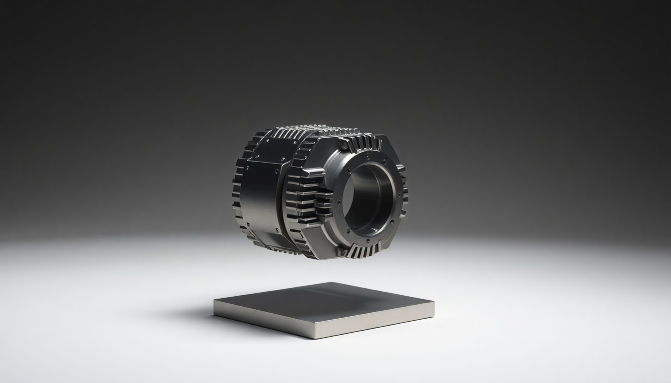 A polished, geometric metal sculpture of a small modular nuclear reactor, floating on a clean, monochromatic background and using dramatic studio lighting to symbolize the industry's challenges.