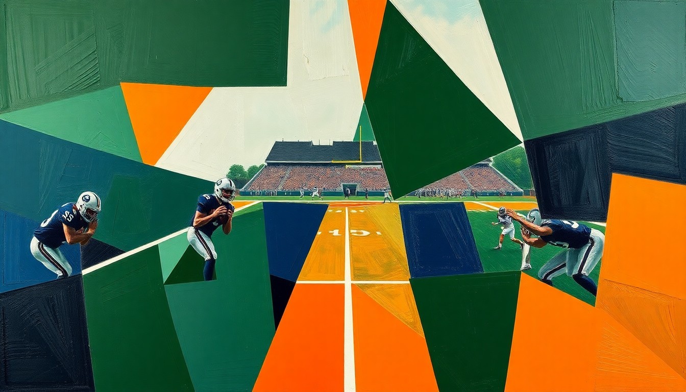 A cubist, geometric painting depicting fragmented, overlapping shapes and planes in shades of green, blue, and orange, representing the breakdown of a college football scene.