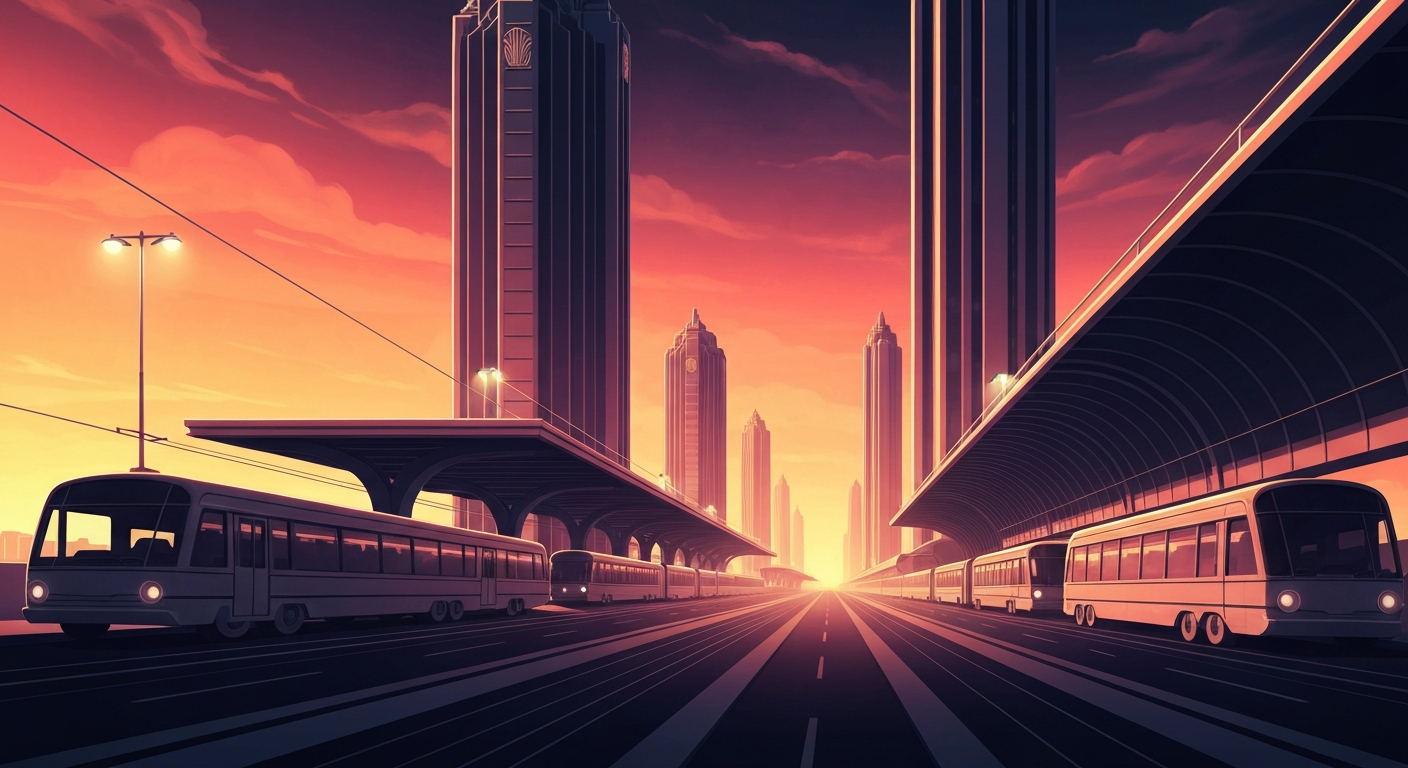 A highly stylized, geometric illustration depicting the grand scale and streamlined forms of a modern transit hub, with sweeping airbrushed gradients and towering forced perspectives, conceptually representing the launch of Lee County's new ULTRA on-demand transit service.