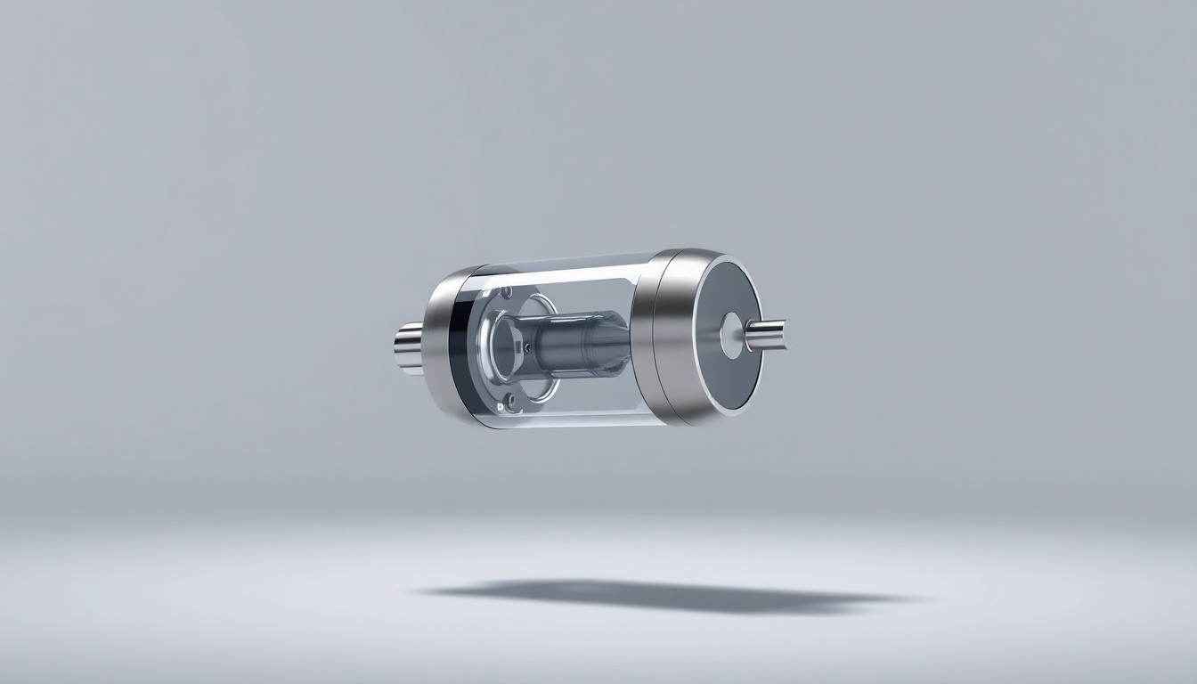 A photorealistic studio still-life image of a sleek, modern medical device made of polished stainless steel and glass, floating on a clean, monochromatic background and dramatically lit to showcase the advanced technology behind Calyxo's kidney stone treatment system.