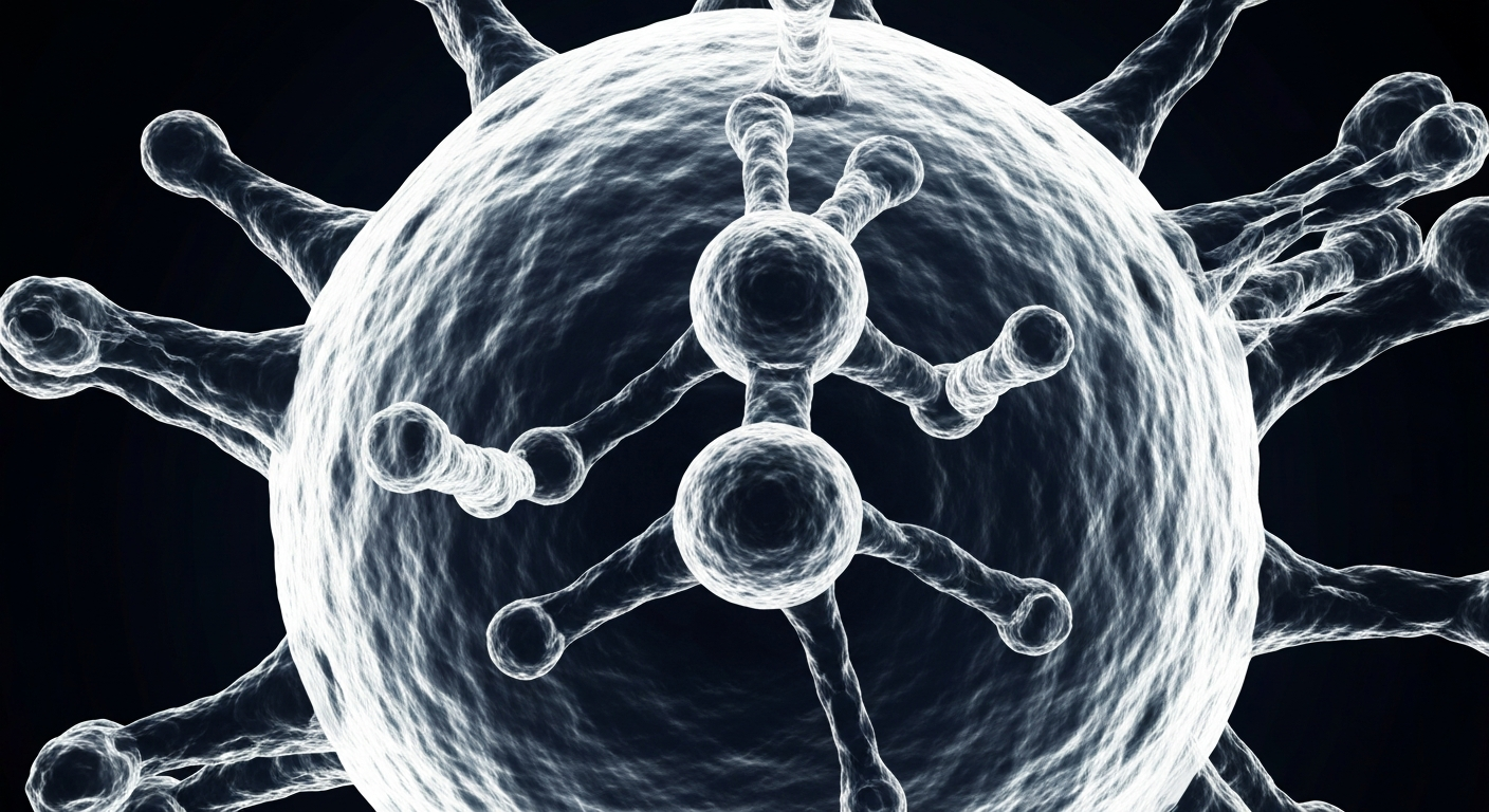 A ghostly, translucent X-ray image revealing the intricate molecular structure of the HPV virus, conceptually illustrating the potential of a new treatment to address this serious health issue.