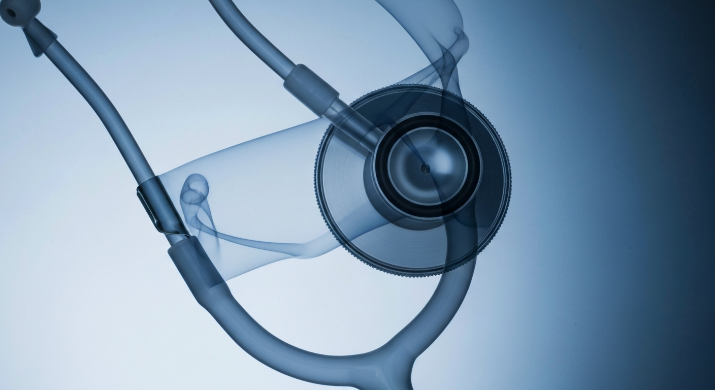 An extreme close-up X-ray photograph revealing the internal components of a stethoscope, conceptually representing the complex infrastructure of the healthcare industry.