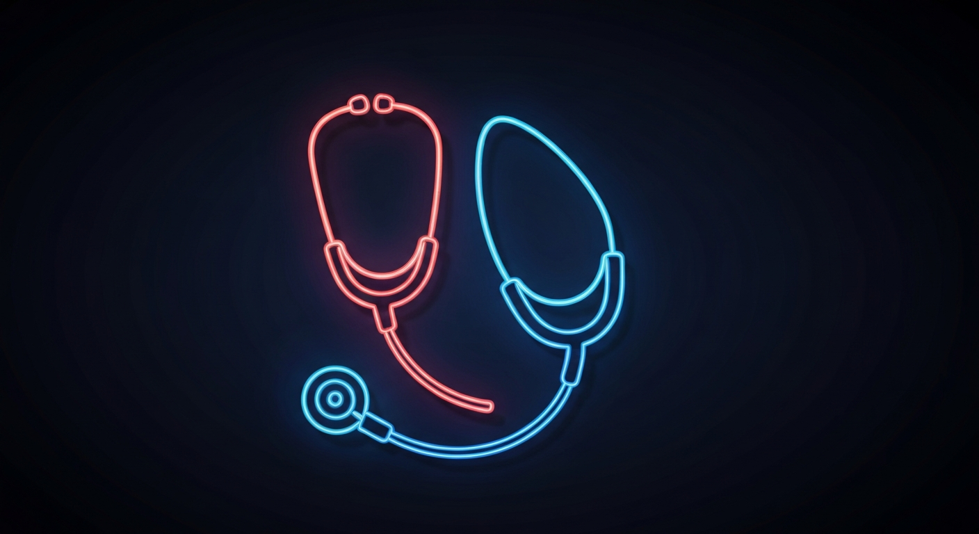 A minimalist, glowing neon outline of a stethoscope against a dark background, conceptually representing the energy and innovation of the osteopathic medical field.