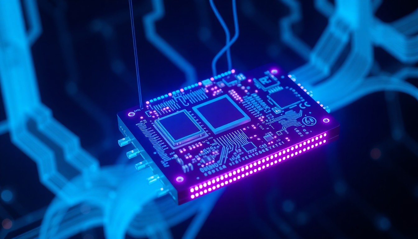 A highly detailed, glowing 3D illustration of a quantum computing circuit board, with pulsing neon blue and purple lights representing the flow of quantum data, suspended against a dark, futuristic backdrop.