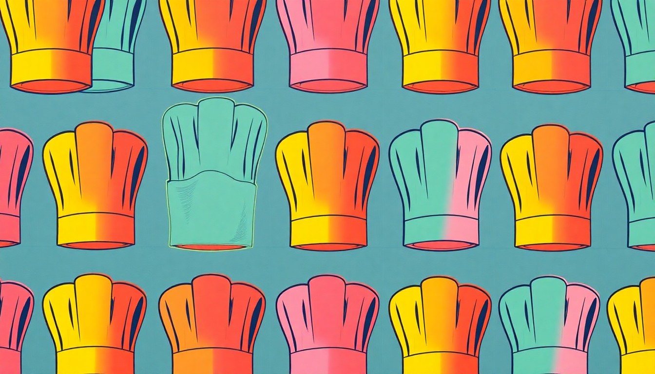 A bold, abstract pop art illustration featuring a repeated pattern of a chef's toque hat in bright neon colors, conceptually representing the energy and diversity of Cleveland's food culture.