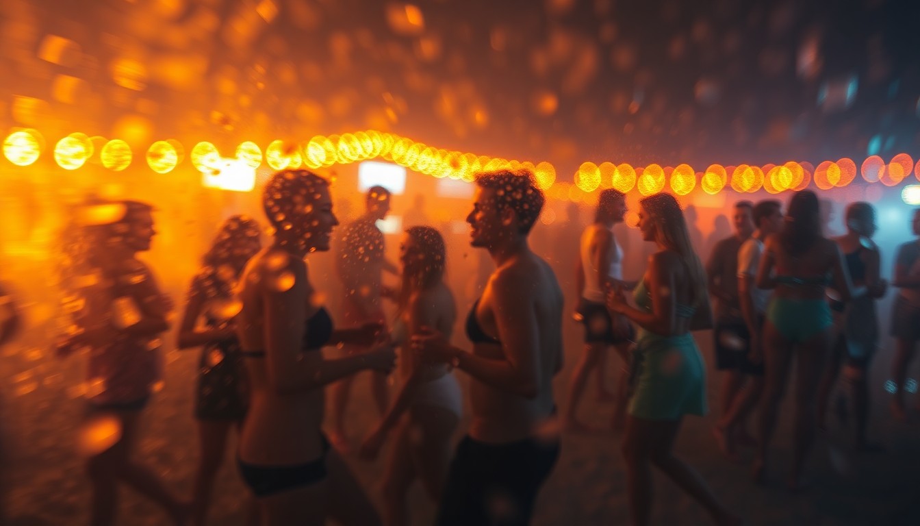 An abstract, impressionistic scene of blurred figures and warm, hazy lighting, conceptually representing the chaotic energy and consequences of an out-of-control Spring Break party.
