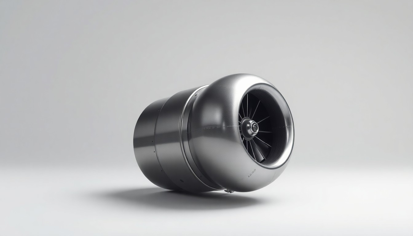 A highly detailed, photorealistic studio photograph of a polished aluminum aircraft component, such as a jet engine turbine or landing gear, dramatically lit against a clean, monochromatic background, conceptually representing the technical complexity of modern aviation manufacturing.