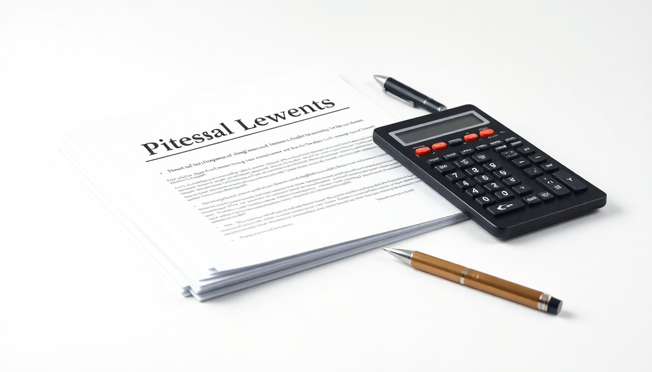 A high-end, photorealistic studio still-life photograph featuring a stack of legal documents, a calculator, and a pen arranged elegantly on a clean, white seamless background, symbolizing the complex legal and financial implications of the antitrust battle between advertisers and Google.