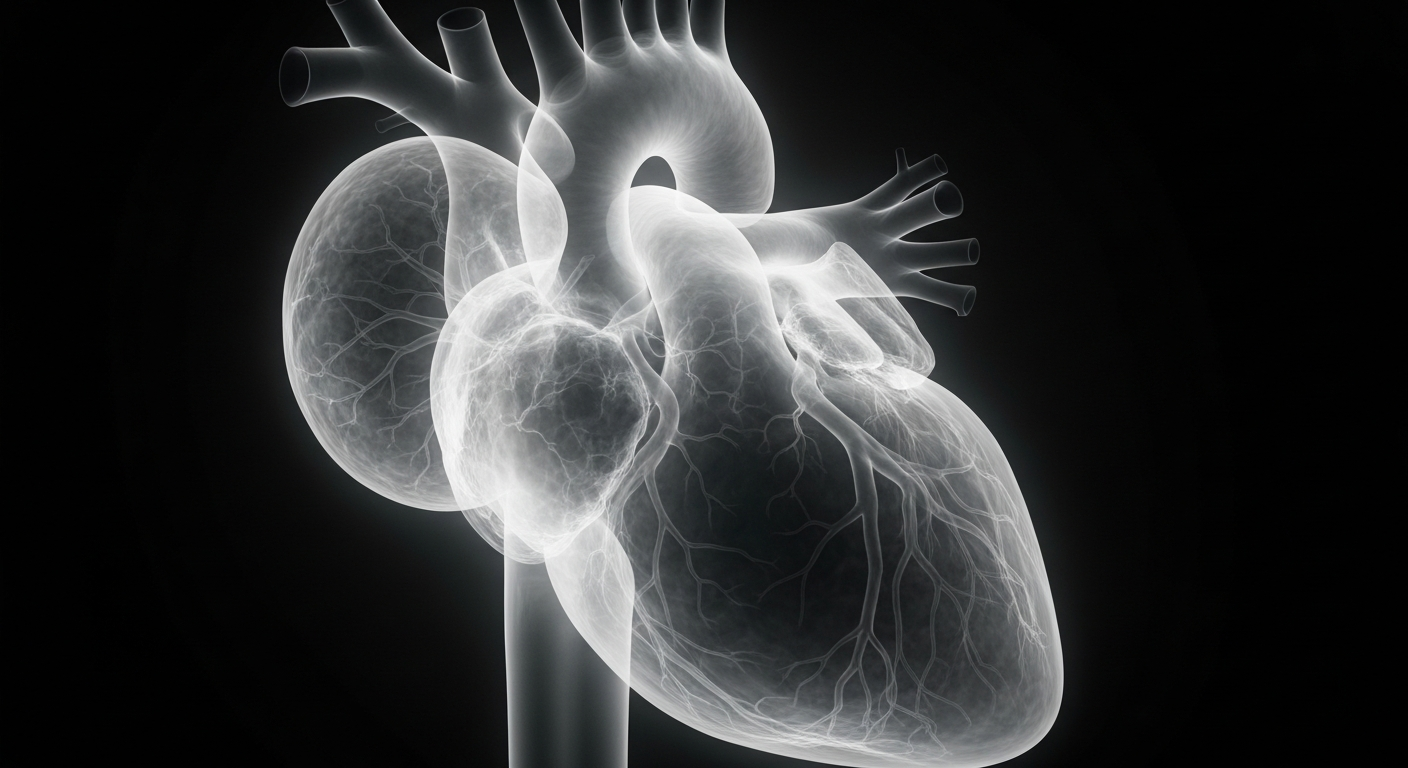 A translucent X-ray photograph revealing the intricate structure of a human heart, conceptually representing the focus on innovative healthcare solutions at an upcoming panel discussion.