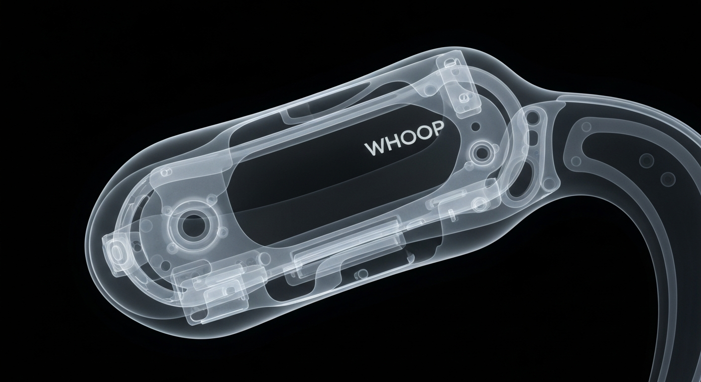 An extreme close-up of the internal components of a WHOOP wearable device, revealed through a translucent X-ray style photograph, conceptually illustrating the technology-enabled care that will be provided to Medicare patients.