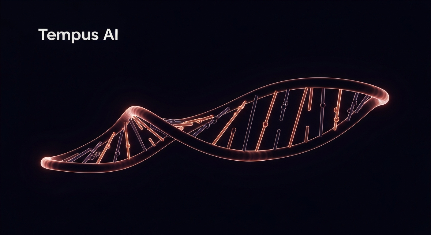 A vibrant, neon-outlined DNA helix structure against a dark background, conceptually representing the advanced genetic and molecular analysis capabilities that Tempus AI will present at the AACR conference.