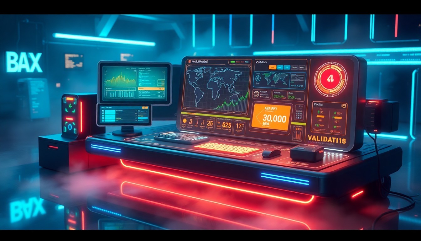 A highly detailed, glowing 3D illustration of a futuristic validation management console, with holographic interfaces, pulsing data streams, and luminous cybernetic elements, conceptually representing the advanced technology and innovation behind ValGenesis's new AI-powered validation platform.