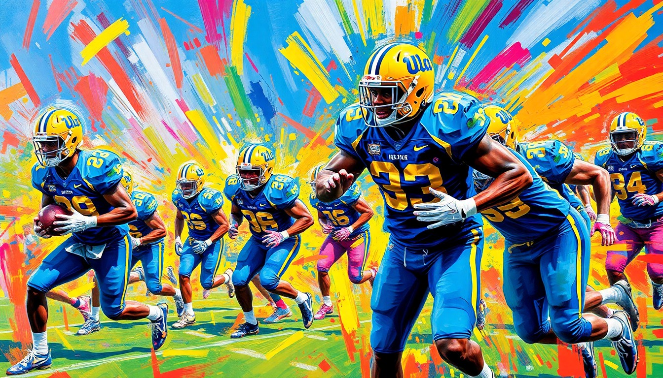 An abstract, expressionist painting featuring vibrant brushstrokes in neon colors, capturing the dynamic energy and movement of college football players during spring practice drills.