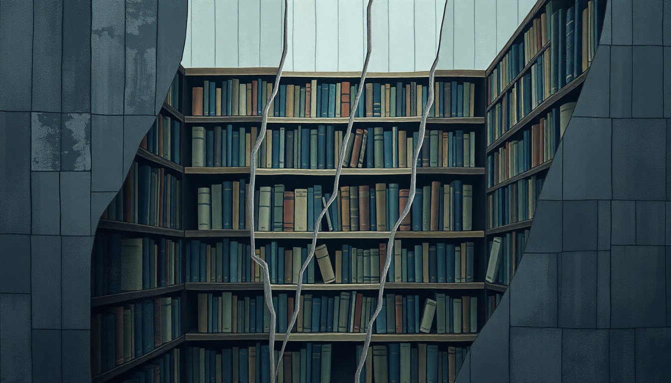 A fragmented, abstract painting depicting an old library bookshelf in muted blue, grey, and brown tones, conveying a sense of the impending loss of a historical research collection.