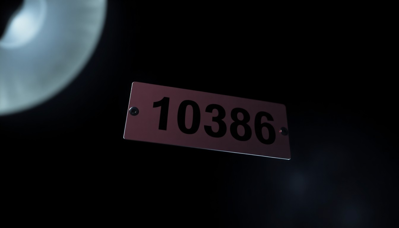 An extreme close-up of a police evidence marker, such as a numbered placard, lit by a harsh, direct flash against a dark background, conveying a stark, gritty investigative mood without words.