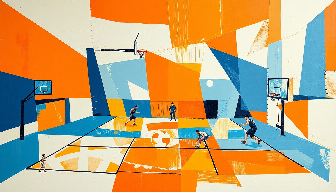 A cubist, geometric painting in orange, blue, and white tones, depicting fragmented and overlapping shapes that represent the various elements of a basketball game or practice.