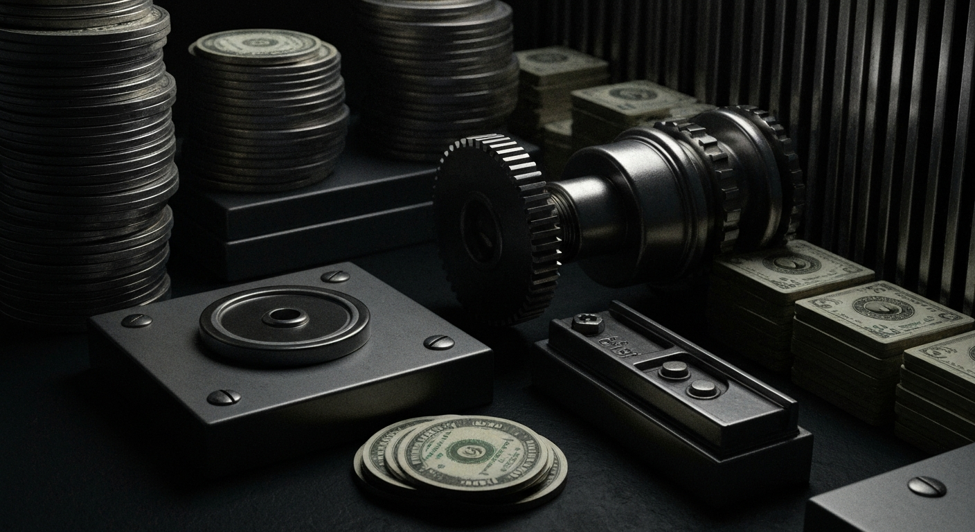An extreme close-up of gears, levers, and metal components of an industrial banking machine, conveying the tangible, physical nature of municipal finance without using any literal financial symbols.