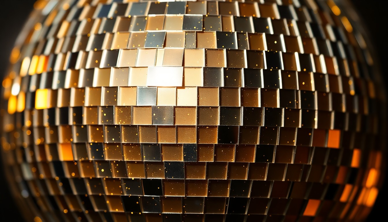 An extreme close-up photograph of a highly reflective, glittering disco ball texture in shimmering metallic tones, conceptually representing the vibrant, celebratory atmosphere of the upcoming Usher and Chris Brown concert tour.