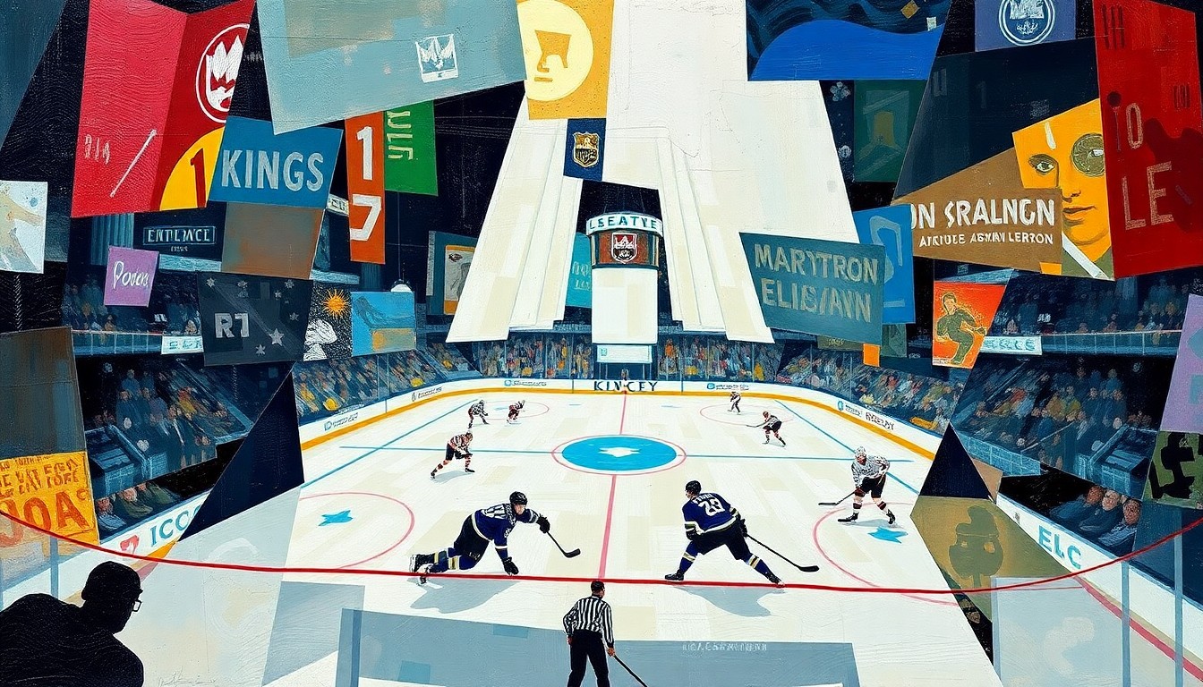 A cubist, geometric painting depicting a hockey game, with players and the puck broken down into sharp, overlapping shapes and planes of color, conveying the dynamic energy and tension of the match.