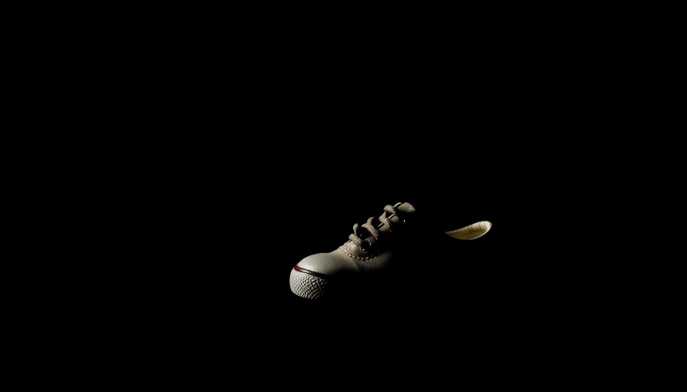 An extreme close-up of a small baby shoe, its worn leather texture and faded color illuminated by a harsh, direct camera flash against a pitch-black background, conceptually representing the tragic loss of an infant's life in a cold case murder investigation.