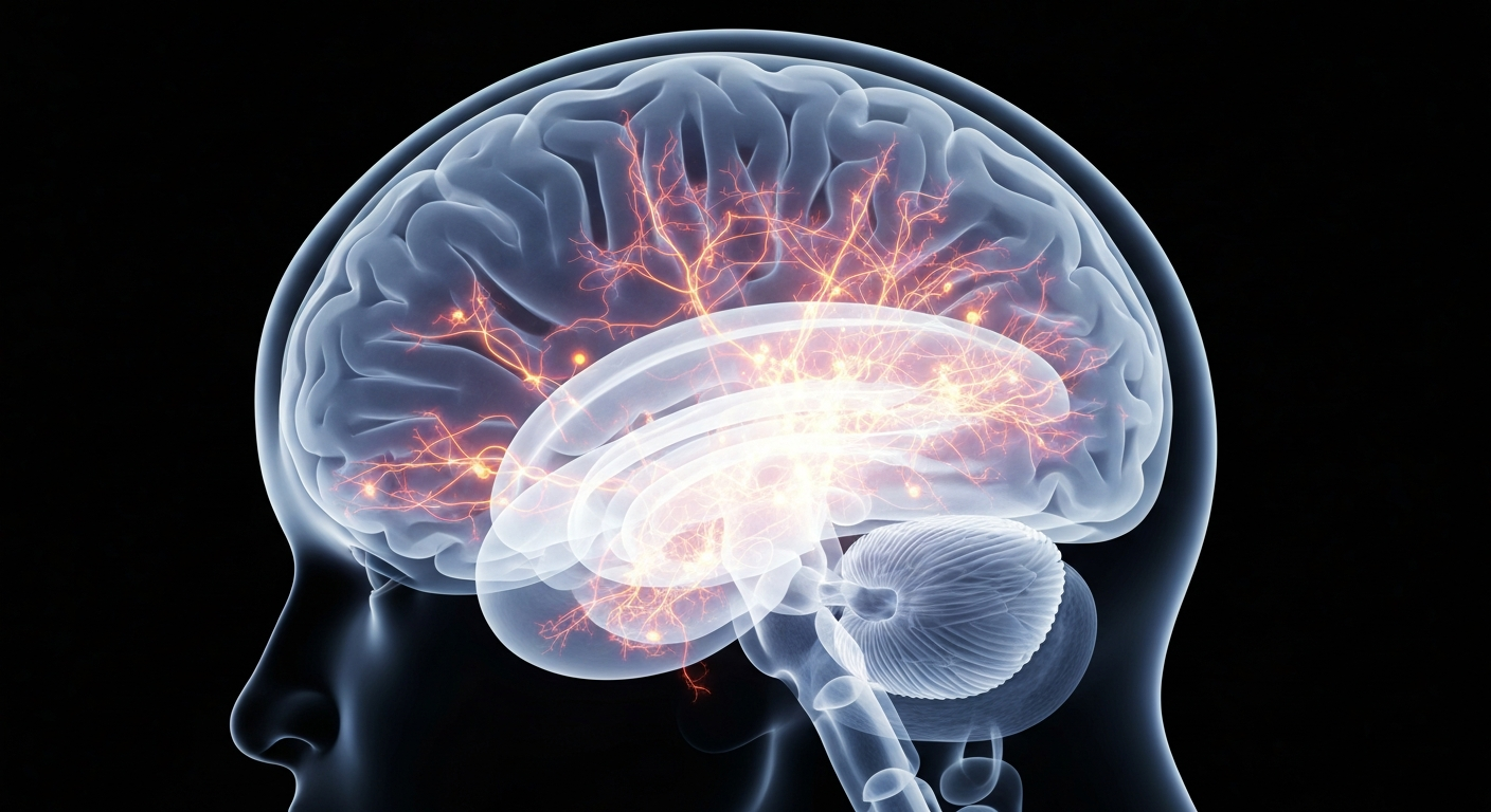 A ghostly, translucent X-ray photograph of a human brain, with glowing neural pathways and structures, conceptually representing the innovative approach to mental health care focused on balance and sustainability.