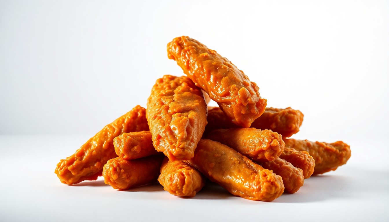 A high-end, photorealistic studio still-life photograph featuring a stack of crisp, golden-brown chicken wings arranged elegantly on a clean, white background, using dramatic lighting and shadows to highlight the premium quality and craftsmanship of the dish.