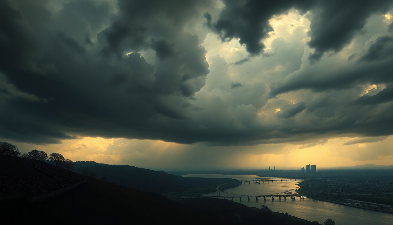 A vast, atmospheric landscape painting depicting an overcast, stormy sky looming over the Ohio River and the Louisville skyline, with the silhouettes of spectators and event structures dwarfed by the immense, turbulent weather.