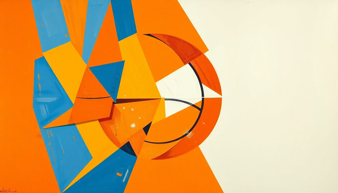A cubist, geometric painting depicting fragmented, overlapping shapes and planes in shades of orange, blue, and white, conceptually representing the strategic restructuring of the Syracuse basketball program's operations.