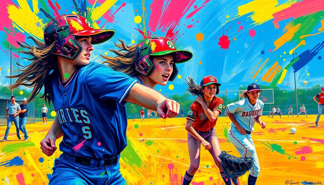 A dynamic, abstract painting in neon colors depicting the intense action and energy of a high school softball game, with players' forms blending into the vibrant brushstrokes.