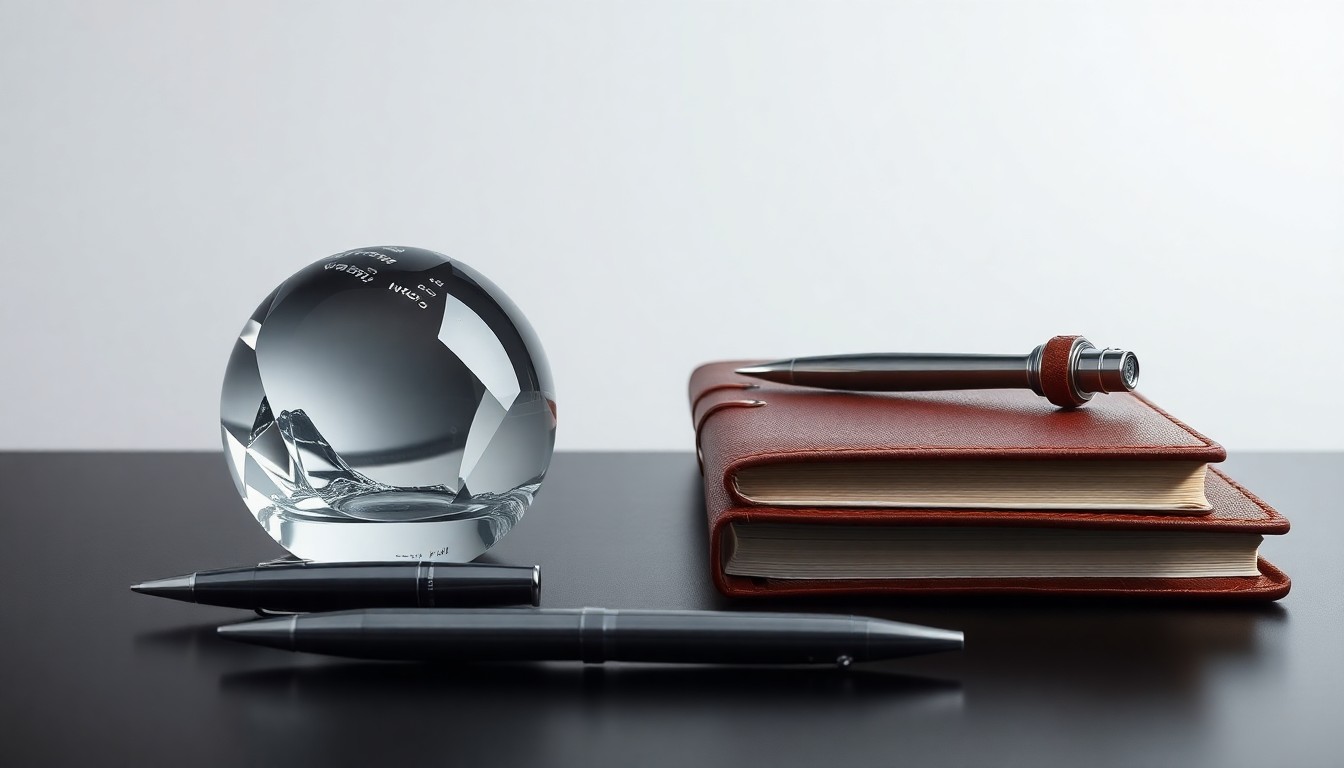 A minimalist studio still life photograph featuring a glass paperweight, metal pen, and leather-bound notebook arranged elegantly on a clean, monochromatic background, conceptually representing the corporate world and the serious allegations in this employment discrimination lawsuit.
